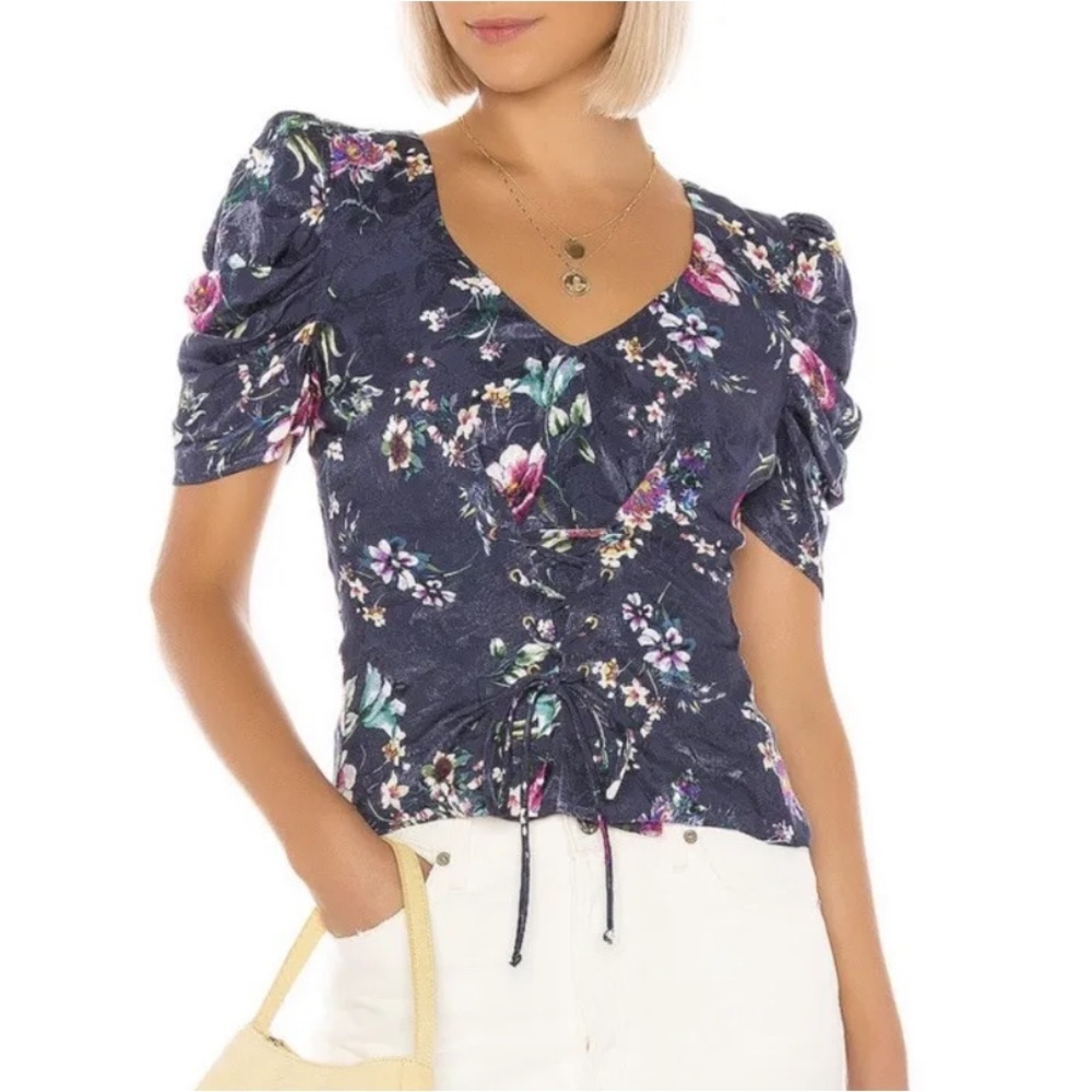 House of Harlow 1960x REVOLVE Floral Satin Blouse Puff Sleeve Lace Up Corset